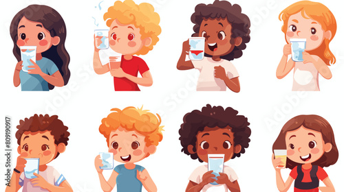 Kids drink milk water soda tea from glasses or mugs