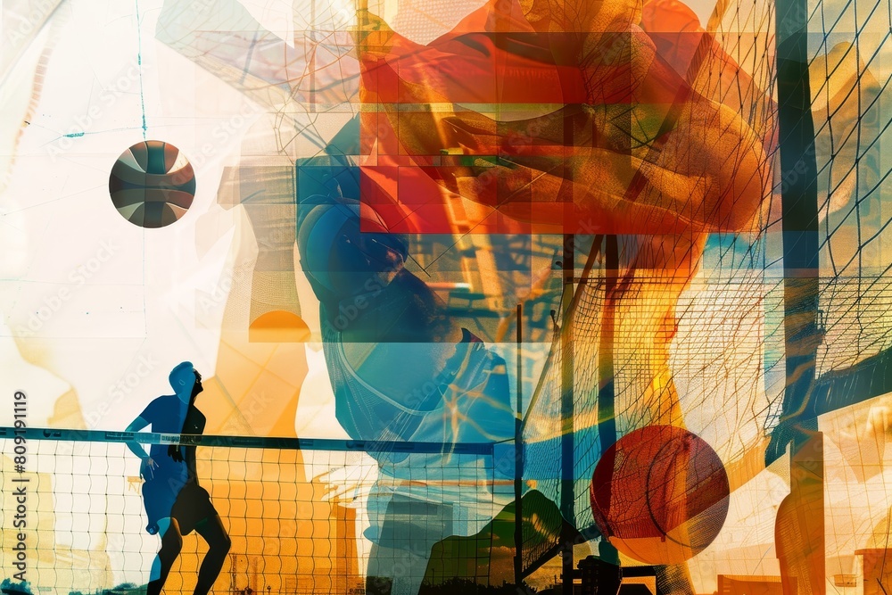 A man standing on a tennis court, holding a racquet, A collage of different elements related to volleyball, such as balls, nets, and players A man standing on a tennis court, holding a racquet, A collage of different elements related to volleyball, such as balls, nets, and players