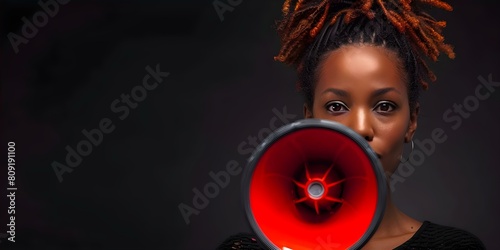 Black female activist protesting with megaphone against genderbased violence in studio. Concept Gender-based Violence, Activism, Black Female, Protest, Studio Shoot photo
