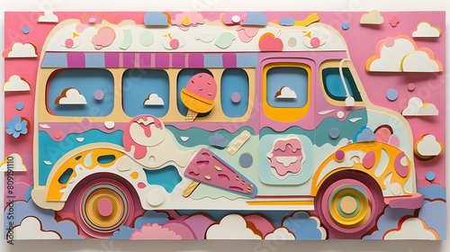 A whimsically designed paper-craft  ice cream van evokes summer adventures, perfect for tales of vacation road trips, holiday escapades, and fun-filled party journeys