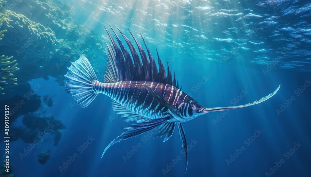 Obraz premium Ikan marlin besar di lautan biru, pemandangan hewan lautan yang memukau