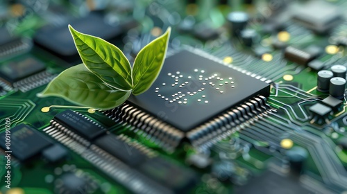 Computer chip illustrates an eco friendly concept of new life