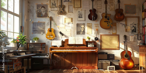 Musician's Practice Room Wall: Decorated with musical instruments, sheet music pinned up, and posters of favorite musicians photo