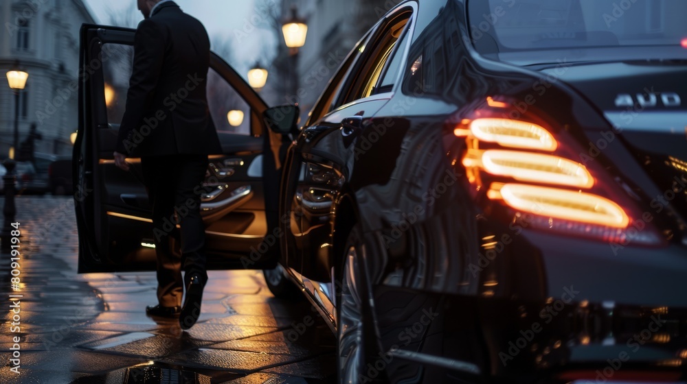 Driver open door of the limousine Driver open door of the limousine