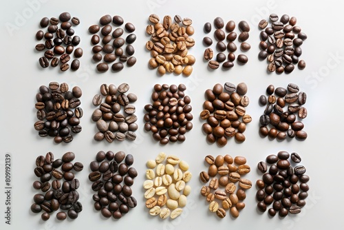 A collection of diverse coffee beans, showcasing the range of colors, sizes, and textures in the coffee industry, A collection of different coffee beans from around the world