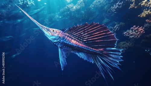 Ikan marlin besar di lautan biru, pemandangan hewan lautan yang memukau