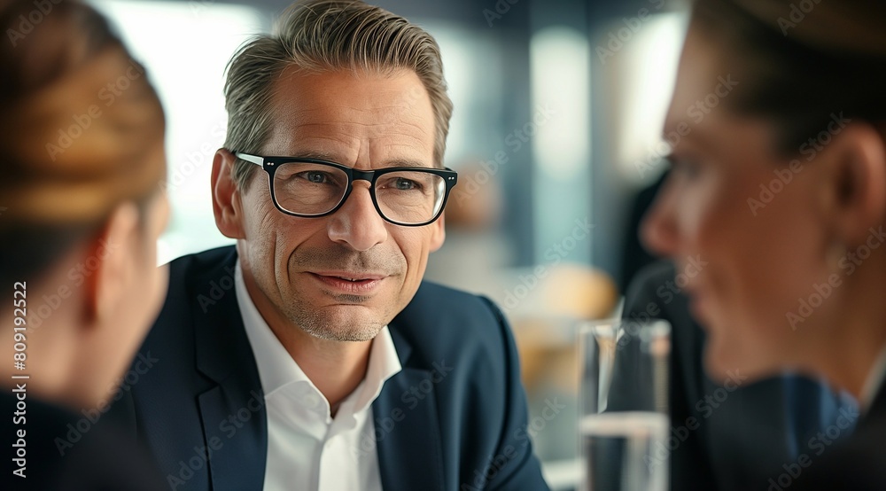 a happy group of business people having a conversation in an office, a businessman wearing glasses and a woman talking to each other. generative AI a happy group of business people having a conversation in an office, a businessman wearing glasses and a woman talking to each other. generative AI