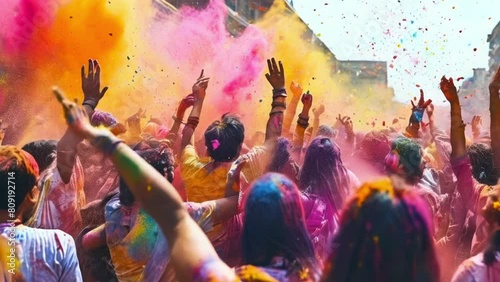 Group of people celebrating Indian holi festival photo