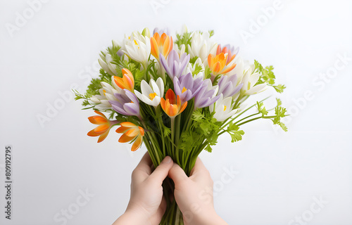 woman hands is holding a festive bouquet with snowdrops and stri photo