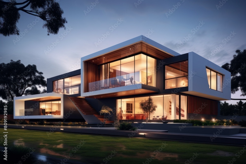 Contemporary house with illuminated interiors during dusk Contemporary house with illuminated interiors during dusk