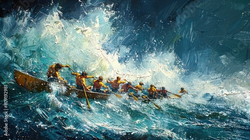 Rafting team in turbulent waters photo