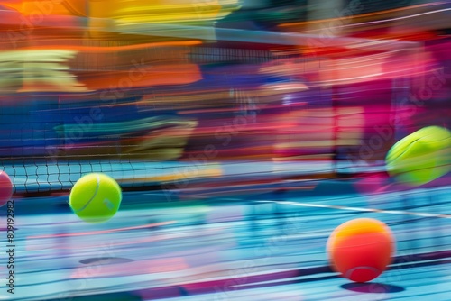 Tennis balls in motion on a tennis court, creating a colorful blur effect, A colorful abstract representation of a vegan diet