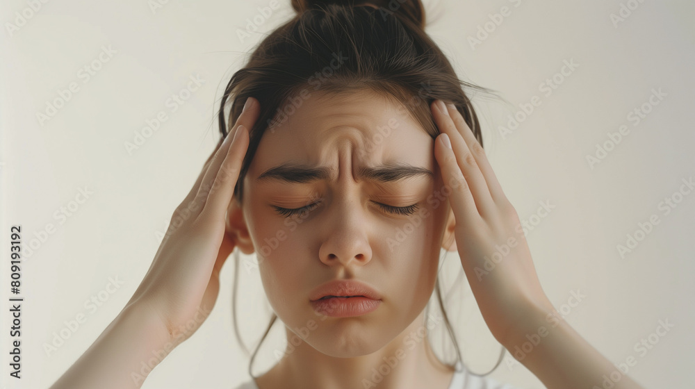 Young Woman in Unbearable Pain - Headache Concept, Holding Head in Agony, White Background Young Woman in Unbearable Pain - Headache Concept, Holding Head in Agony, White Background