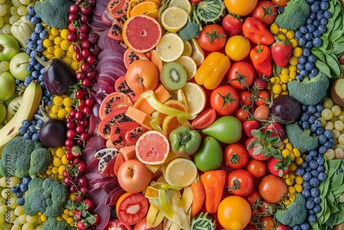 Assorted fruits and vegetables arranged in a colorful display  A colorful array of fruits and vegetables arranged in a vibrant pattern