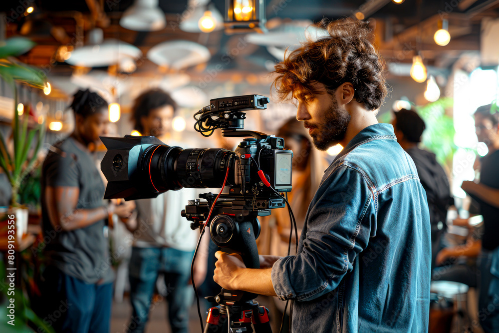Creative Film Crew: Diverse Team in Bright Studio with Male Videographer and Lighting Equipment Reviewing Production Notes Creative Film Crew: Diverse Team in Bright Studio with Male Videographer and Lighting Equipment Reviewing Production Notes