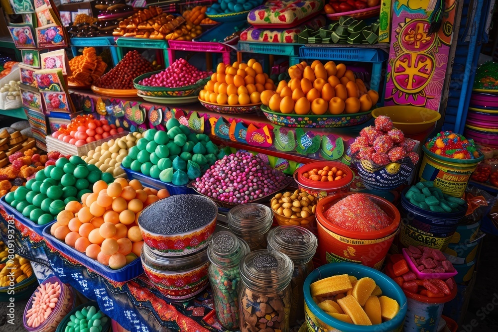 Fototapeta premium An assortment of colorful fruits and vegetables creating a lively and appealing display, A colorful array of traditional Mexican candies and sweets