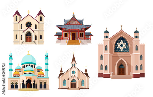Catholic and Orthodox church, Buddhist temple, Synagogue, mosque buildings. isolated vector illustrations suitable for maps, prints, infographics, greeting cards and posters. Historical facade.