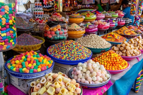 A table filled with various types of colorful candies, including traditional Mexican treats, A colorful array of traditional Mexican candies and sweets