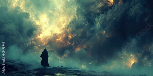 Enigmatic Encounter: A Mystical Landscape with a Silhouetted Figure in the Background