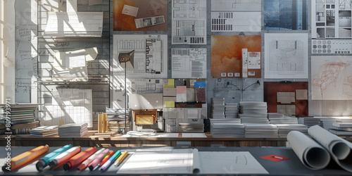 Architect's Wall: Covered in blueprints and sketches, with color swatches and architectural models displayed photo