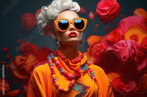 Stylish woman with sunglasses poses against a vivid backdrop of oversized roses