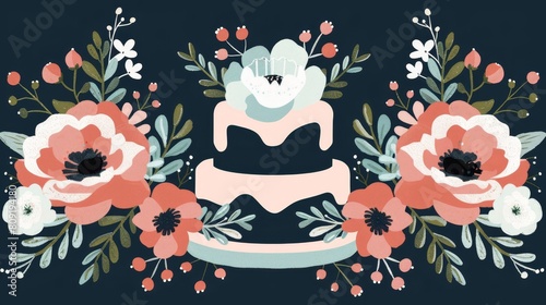   A black backdrop showcases a cake adorned with blooms and foliage, topped with Happy Birthday inscript photo