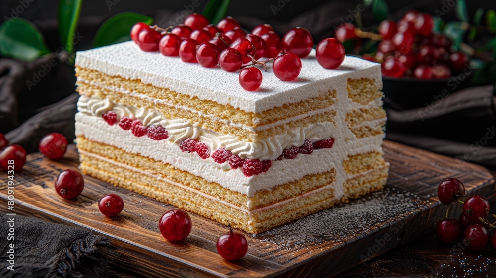   A cake topped with white frosting and cherries, a cutting board nearby holding more cherries