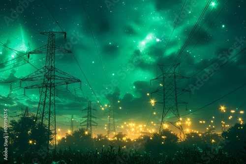 Vibrant 3D Renderings: Powering Human Progress with Renewable Energy Under a Starlit Night Sky