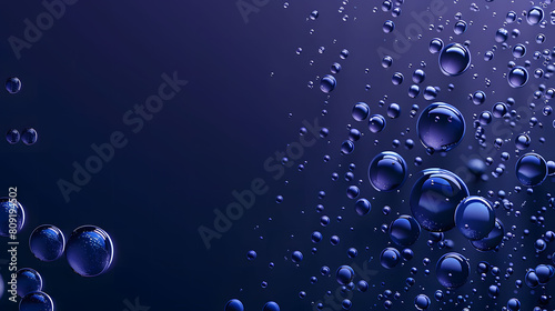Macro photography of blue water droplets on a dark gradient background. Close-up image for futuristic and scientific designs