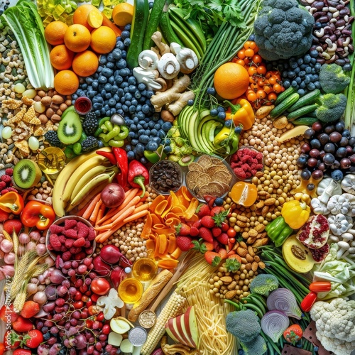 A diverse selection of vibrant and fresh fruits and vegetables grouped together in a colorful collage  A colorful collage of various organic foods arranged in a visually pleasing manner