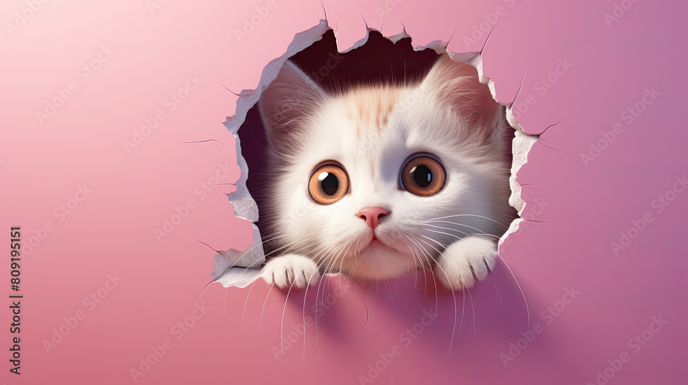 generated illustration of  Portrait of cute cat breaking through hole in pink cracked wall .