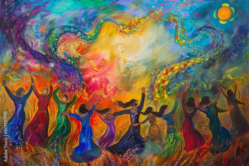 Colorful painting featuring a group of individuals joyfully dancing together in celebration, A colorful depiction of the celebration of freedom during Passover