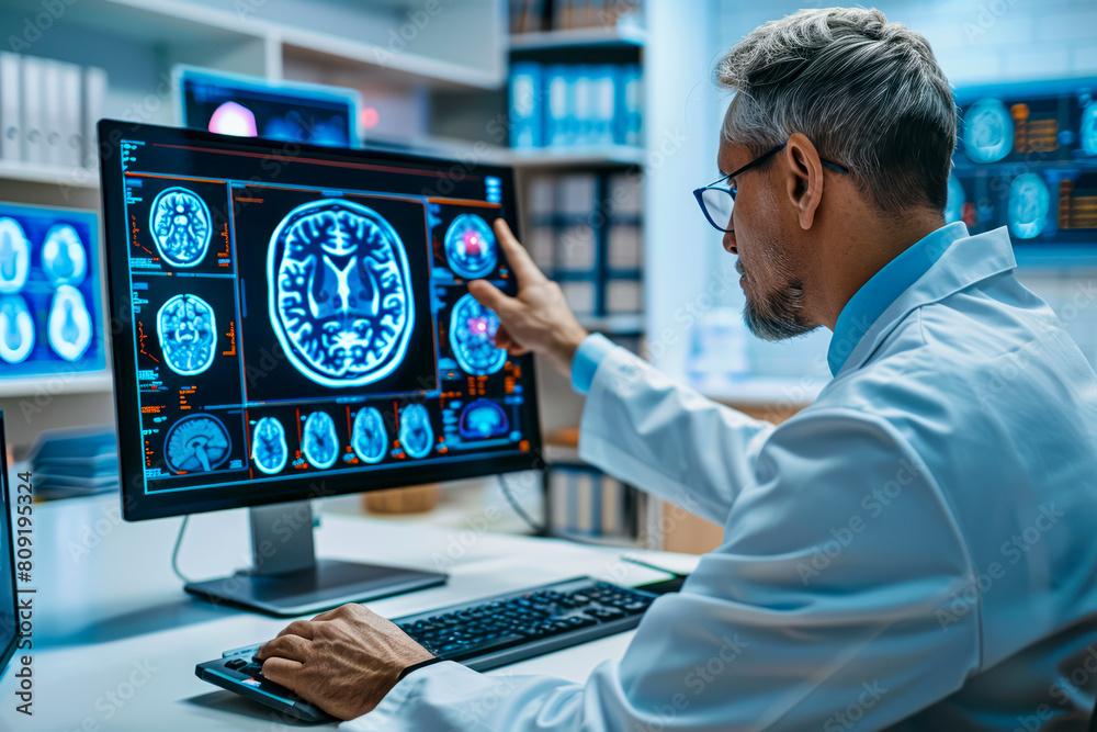 Neurologist Analyzing Brain Damage with MRI Software at Modern Medical Research Center Neurologist Analyzing Brain Damage with MRI Software at Modern Medical Research Center