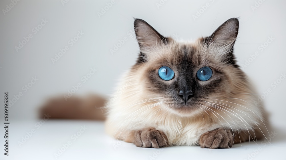 A beautiful Balinese cat, with its silky coat and blue eyes, looking elegant against a blank white backdrop.  Generative AI