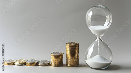 Time and money concept with hourglass and increasing coin stacks on a neutral background. Financial planning and investment theme for presentations and web design photo