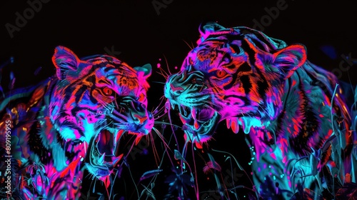 Colorful art or decor painting with lion muzzle. Colorful psychedelic neon painting photo