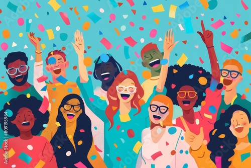 A group of people, likely teachers, celebrating joyfully by throwing confetti in the air at a festive event, A colorful illustration of a group of teachers smiling and celebrating together