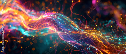 An abstract network of glowing digital tendrils  representing high-speed data transfer in vivid colors.