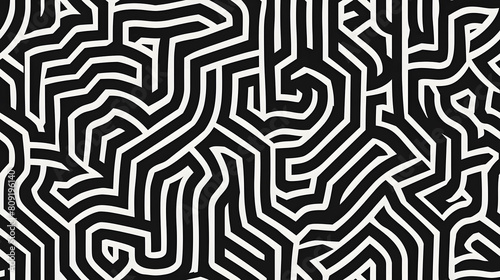 Black and white abstract geometric maze pattern. Optical illusion design concept for wallpaper, textile, and graphic prints