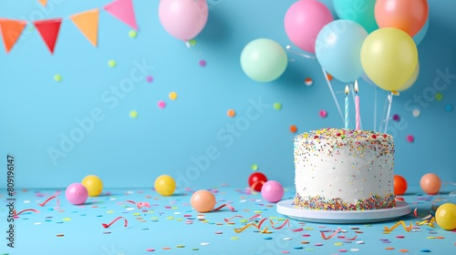   A blue table is adorned with a birthday cake, decorated with sprinkles and lit candles Surrounding the scene are balloons and a generous scattering of confetti