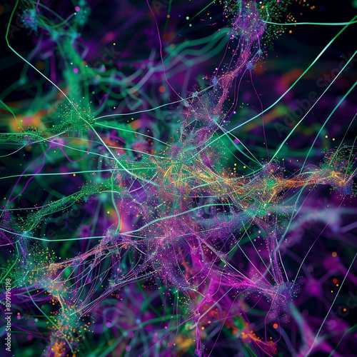 An abstract representation of a digital hub, with colorful threads in shades of purple and green, forming a dense network of connections. photo