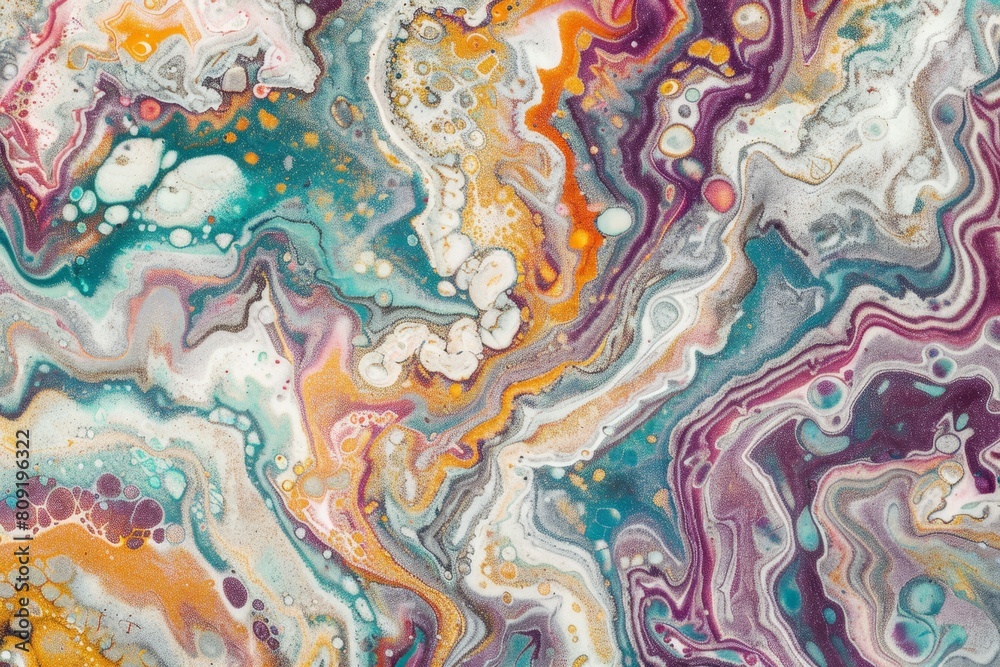 Intricate patterns and vibrant colors come together in this abstract painting featuring a mix of shapes and hues, A colorful marble background with intricate patterns and swirls