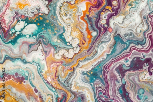 Intricate patterns and vibrant colors come together in this abstract painting featuring a mix of shapes and hues  A colorful marble background with intricate patterns and swirls