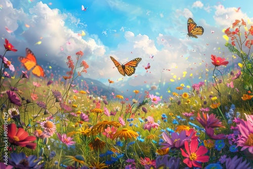 Colorful butterflies soar above a vibrant meadow of blooming wildflowers  A colorful meadow full of wildflowers and butterflies