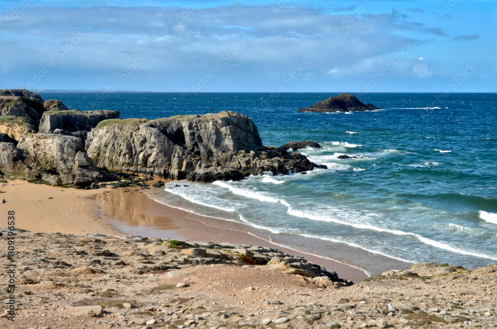 Rocky beach on the wild coast of the peninsula of Quiberon in the Morbihan department in Brittany in north-western France. Rocky beach on the wild coast of the peninsula of Quiberon in the Morbihan department in Brittany in north-western France.