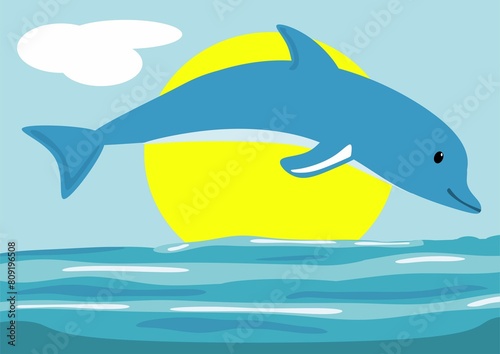 Dolphin jumping out of sea illustration