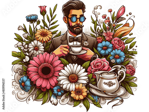 Man mustache drinks tea. Watercolor flower bouquet isolated white background. Raster, generative ai.