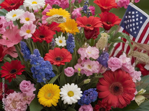 Memorial Day. American flags and flowers in a cemetery in the United States of America