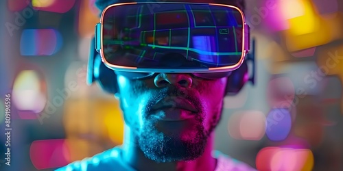 Focused African American man using VR technology at work  A close-up view. Concept Technology  Virtual Reality  African American  Close-Up View  Work