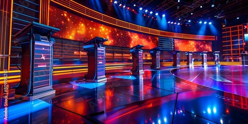 Grand Game Show Set with Podiums, Buzzers, and Spacious Audience Area. Concept Game Show Set, Podiums, Buzzers, Audience Area, Spacious photo